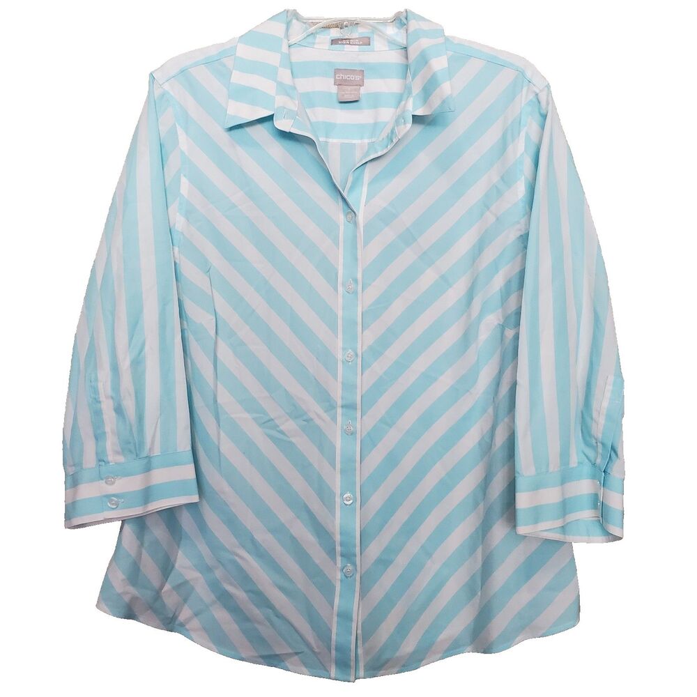 Chico's No-Iron Stain Shield Cotton Striped 3/4 Sleeve Button-Up Shirt Sz 3 (XL)
